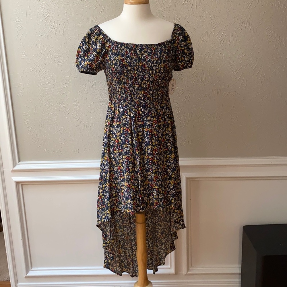 NWT A.U.W. Floral High Low Ruched Dress Spring Blue Mustard Burnt Orange Cowgirl